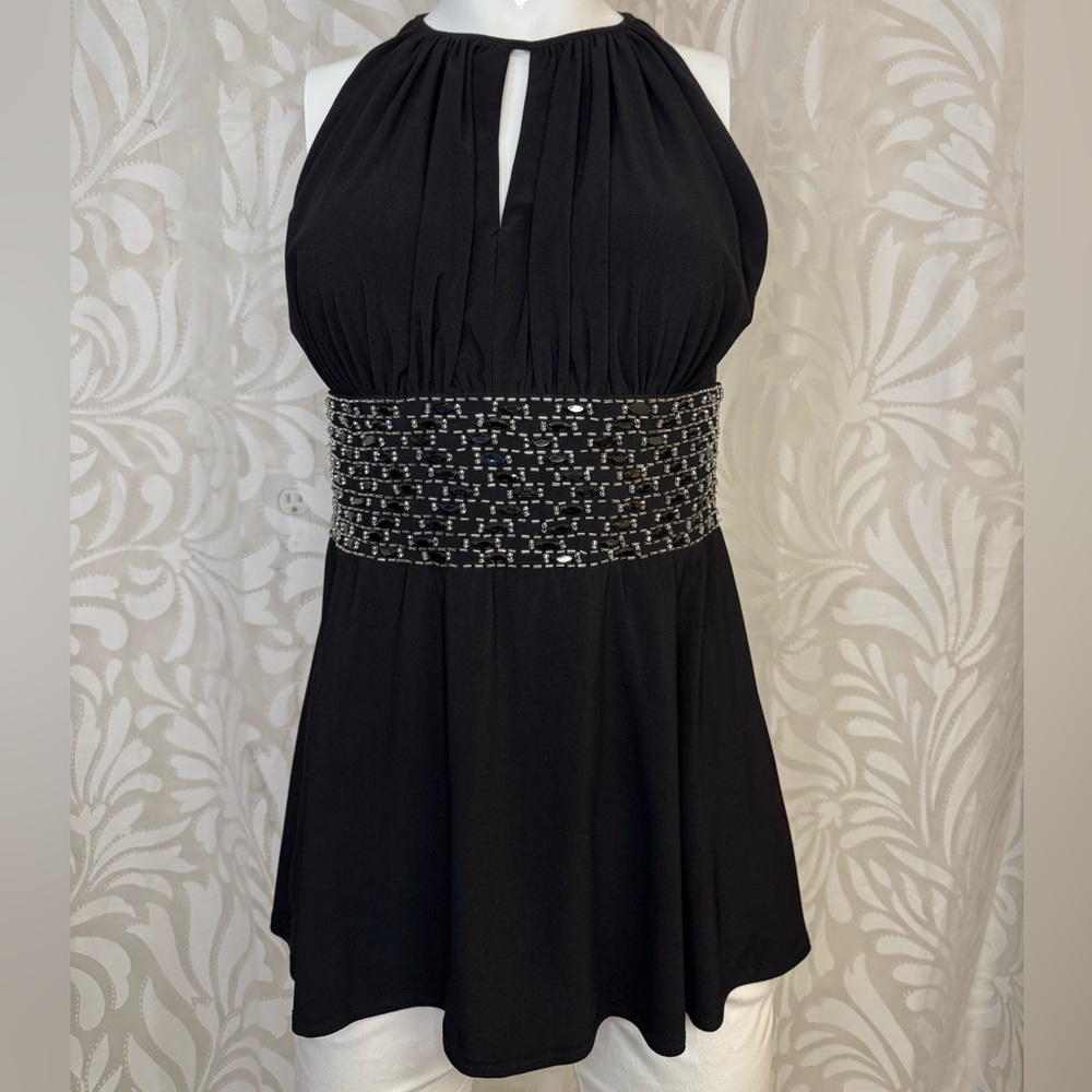 R & M Richards Elegant Black Beaded Halter  Open Back Tie Top
